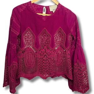Chloe Oliver XS Boho Crochet Lace Bell Sleeve Blouse in Plum Magenta Festival